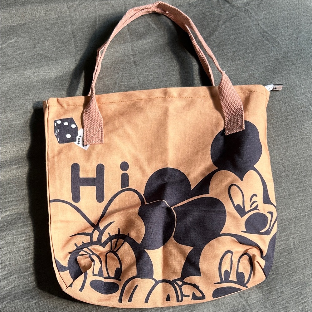 Tan and Black Tote Bag with Cartoon Print